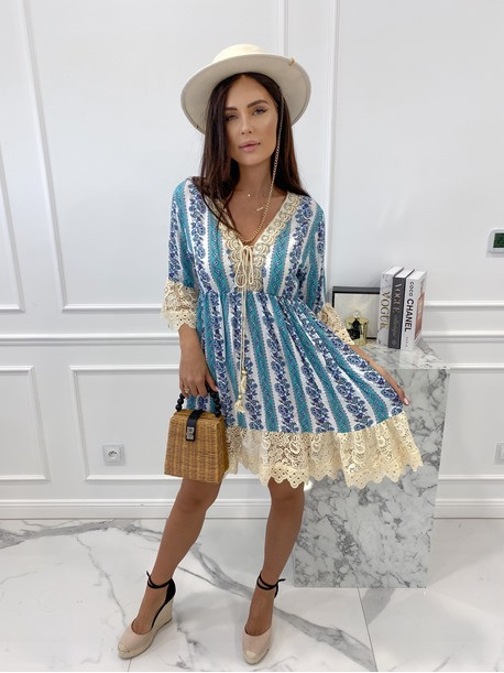 Sukienka boho z wiązniem przy dekolcie turkusowa Eugenia 02