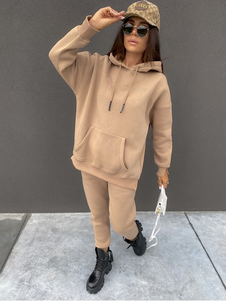 Komplet dresowy spodnie+bluza z kapturem i napisem "New Color" ciemny beż Ramzes 54