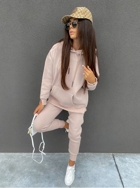 Komplet dresowy spodnie+bluza z kapturem i napisem "New Color" pudrowy róż Ramzes 54