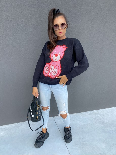 Sweter z motywem misia oraz napisami czarny Teddy 09