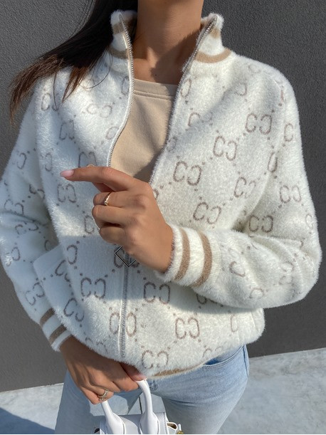 Sweter zapinany na zamek z wzorem kremowy Token 119