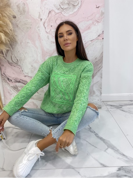 Sweter na długi rękaw z naszywką i grubym splotem zielony Judyta 09