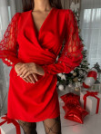 Sukienka mini z siateczkowym rękawem we wzorki czerwona Otta 02 - photo #3