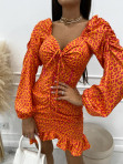 Sukienka mini z marszczeniami i falbaną wzór pantery różowo-pomarańczowa Ostylia 47 - photo #3