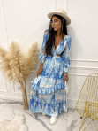 Sukienka maxi z wycięciem materiału w talii na długi rękaw w kwiaty błękitno-biała Nelinda 09 - photo #0