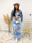 Sukienka maxi z wycięciem materiału w talii na długi rękaw w kwiaty błękitno-biała Nelinda 09 - photo #2