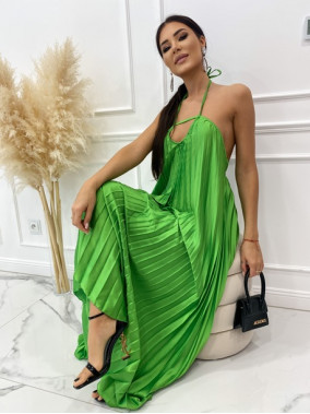 Sukienka maxi plisowana z wiązaniem na szyi zielona Amera 09