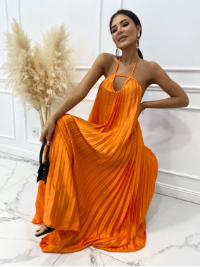 Sukienka maxi plisowana z wiązaniem na szyi pomarańczowa Amera 09