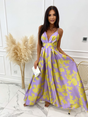 Sukienka maxi w wzór liści żółto-fioletowa Rossy 09