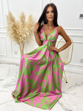 Sukienka maxi w wzór liści różowo - limonkowa Rossy 09