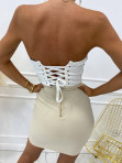 Sukienka mini z ozdobnym dekoltem i sznurowanie biało-beżowa  Lilos 09 - photo #4