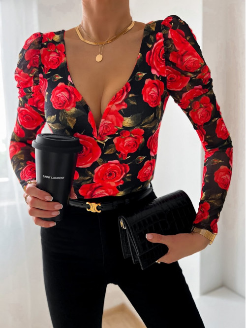 Bluzka z siateczkowym rękawem i głębokim dekoltem czarna w róże Hanira 30 - photo #7