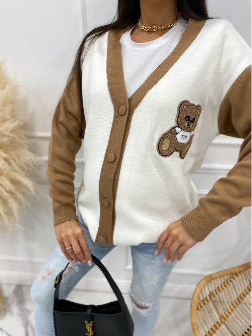 Sweter rozpinany z misiem beżowo-biały Meleso 30 - photo #8