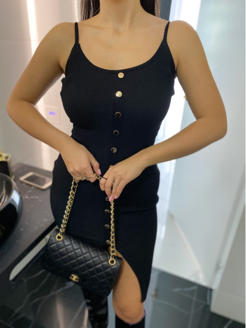 Sukienka mini prążek na ramiączkach z złotymi guzikami czarna Elomis 09 -  Hollywood Dream
