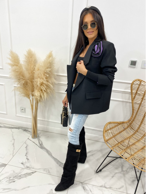 Marynarka oversize z różą czarna z fioletem Mabel 25 - photo #2