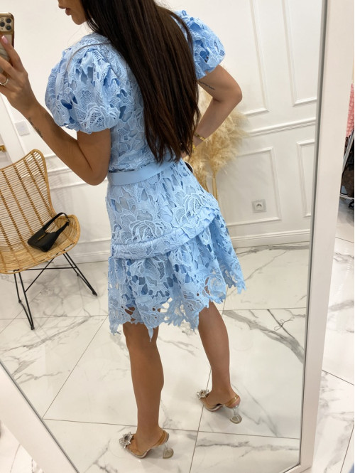 Sukienka mini ażurowa z paskiem błękitna Nata 09 - photo #6