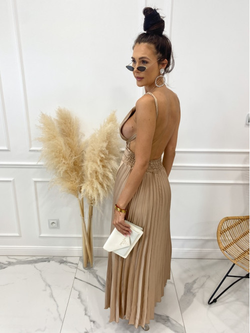 Sukienka plisowana wiązana na szyi beżowa Melania 09 - photo #4