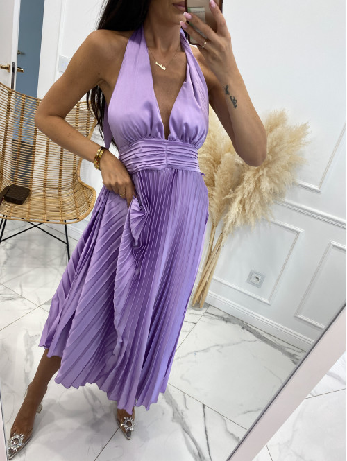 Sukienka plisowana wiązana na szyi liliowa Melania 09 - photo #1