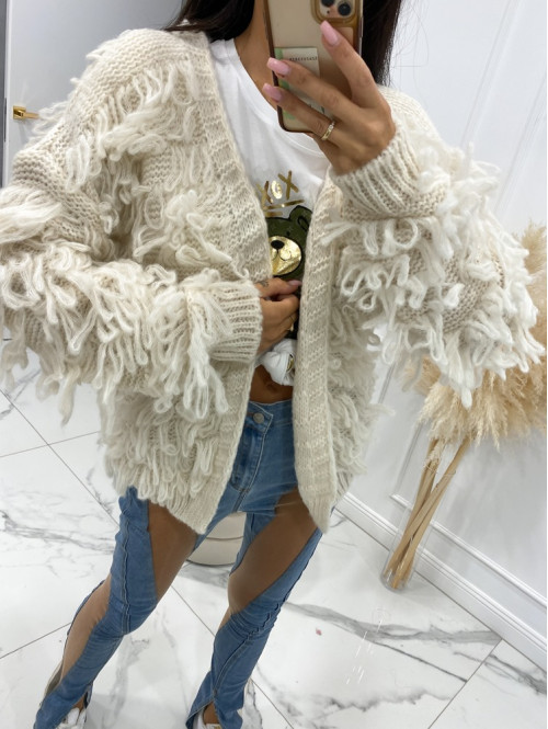 Sweter z ozdobnymi frędzlami kremowy Nari 06 - photo #3