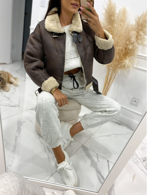 Szary melanż komplet dresowy bluza + spodnie z naszywką korony Werisa 130 - photo #38