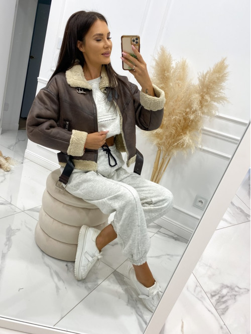 Szary melanż komplet dresowy bluza + spodnie z naszywką korony Werisa 130 - photo #39