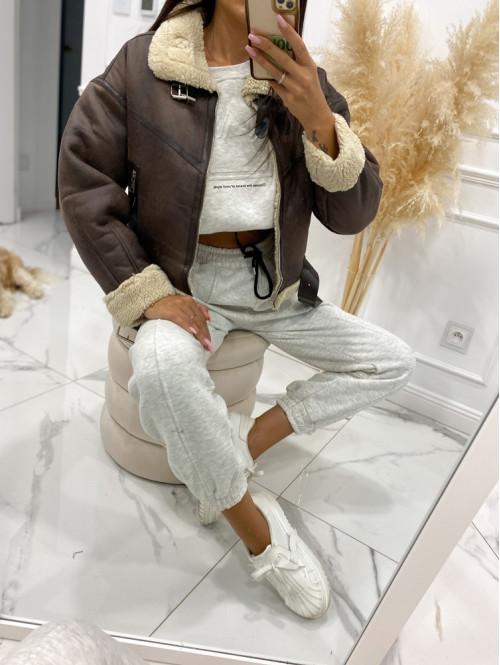 Szary melanż komplet dresowy bluza + spodnie z naszywką korony Werisa 130 - photo #41