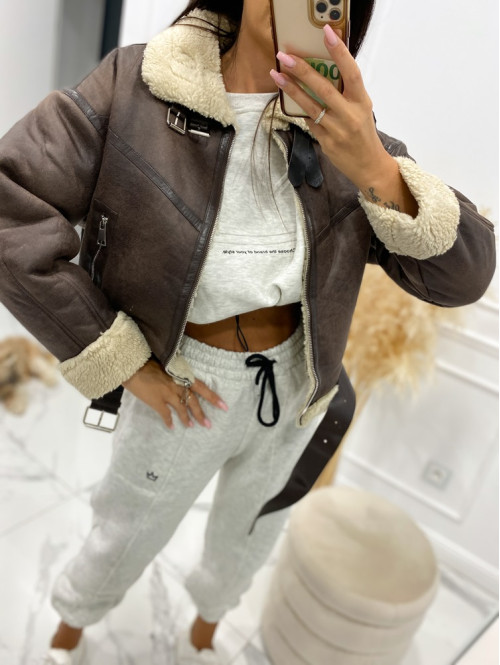 Szary melanż komplet dresowy bluza + spodnie z naszywką korony Werisa 130 - photo #42