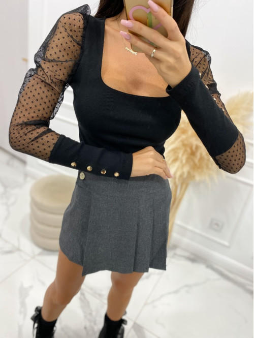 Bluzka prążkowana z rękawem siateczka w kropki czarna Oliwka 30 - photo #3