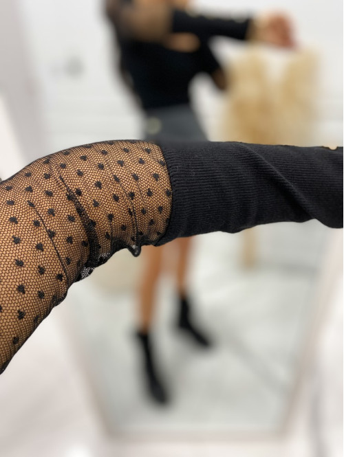 Bluzka prążkowana z rękawem siateczka w kropki czarna Oliwka 30 - photo #6