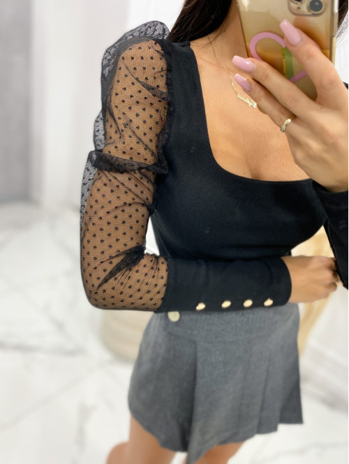 Bluzka prążkowana z rękawem siateczka w kropki czarna Oliwka 30 - photo #7