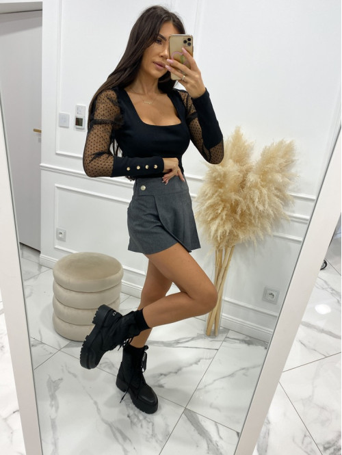 Bluzka prążkowana z rękawem siateczka w kropki czarna Oliwka 30 - photo #9