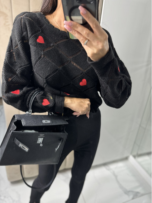 Sweter ażurowy z serduszkami czarny Katrin 30 - photo #4