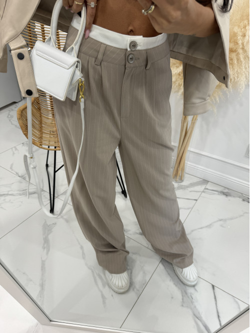 Spodnie szerokie z dwoma guzikami beżowe w paski Nela 29 - photo #3