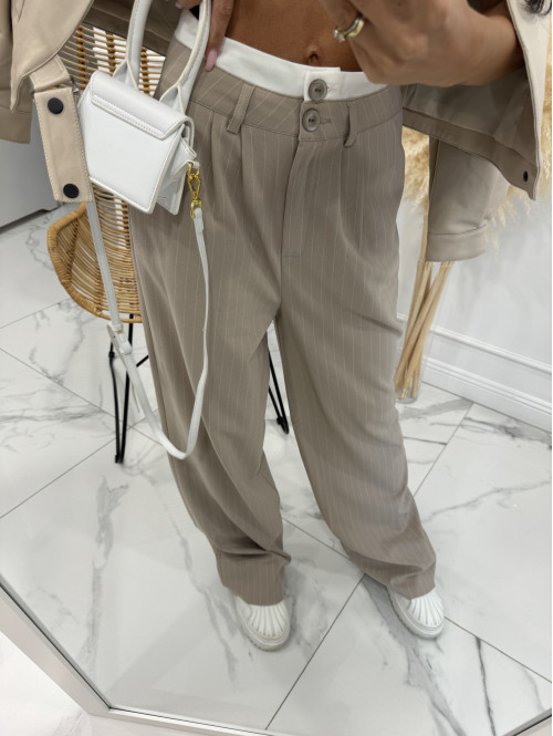 Spodnie szerokie z dwoma guzikami beżowe w paski Nela 29 - photo #4