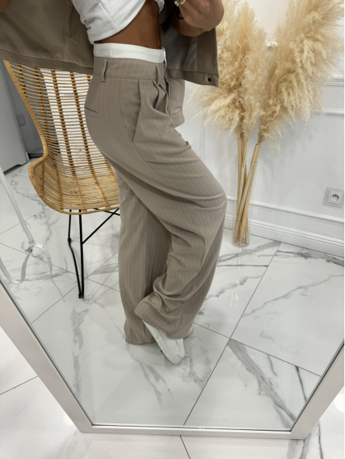 Spodnie szerokie z dwoma guzikami beżowe w paski Nela 29 - photo #7