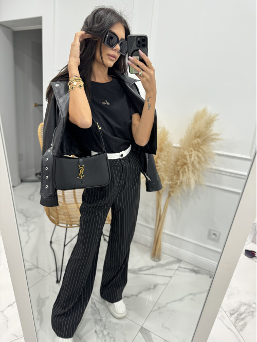 Spodnie szerokie z dwoma guzikami czarne w paski Nela 29 - photo #25