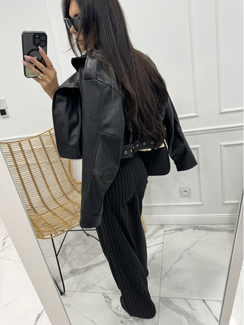 Spodnie szerokie z dwoma guzikami czarne w paski Nela 29 - photo #27