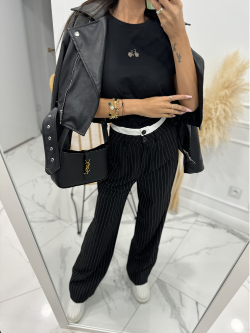 Spodnie szerokie z dwoma guzikami czarne w paski Nela 29 - photo #28