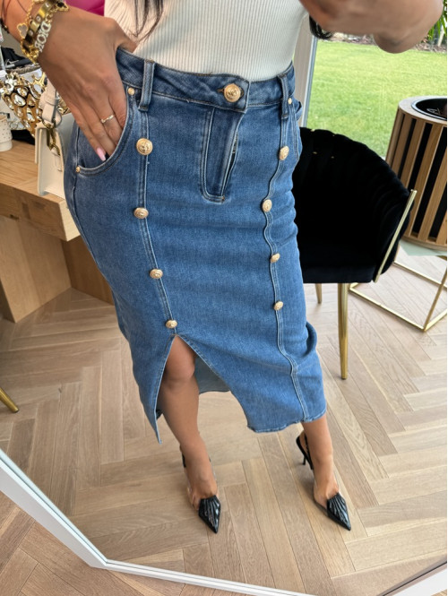 Spódnica jeansowa ze złotymi guzikami midi Aurelia 49 - photo #9
