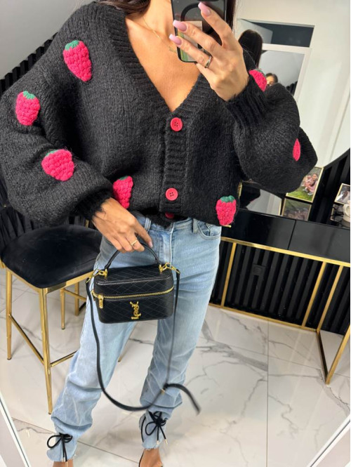 Sweter z różową poziomką 3D czarny LESSA 31 - photo #9