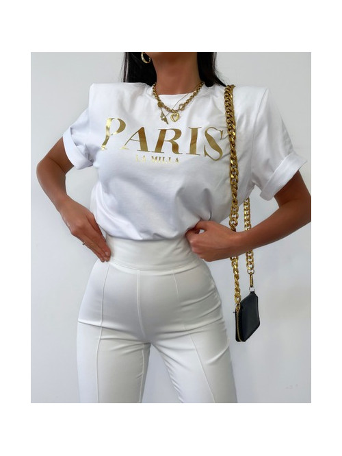 Bluzka z poduszkami na ramionach z złotym napisem biała Paris 25