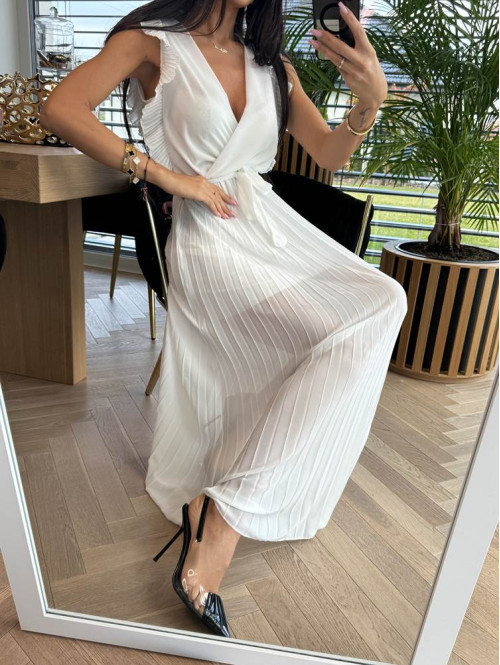 Sukienka maxi plisowana z żabotem Anna biała 17 - photo #2