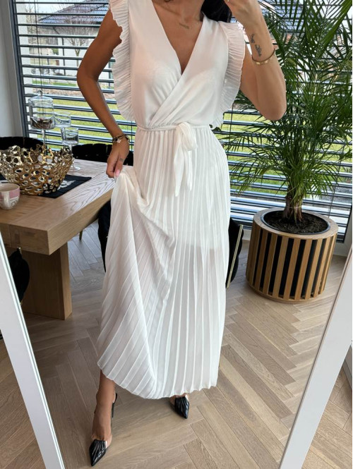Sukienka maxi plisowana z żabotem Anna biała 17 - photo #8