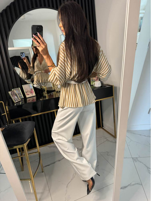 Komplet bluzka brązowo-biała+ spodnie z szeroką nogawką Marietta 54 - photo #4