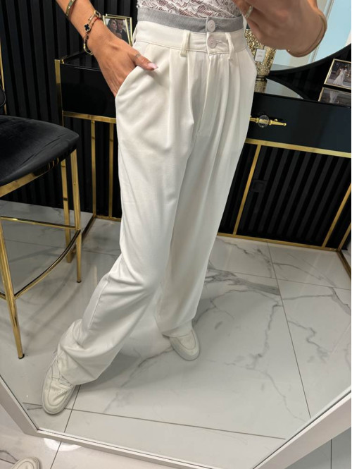 Spodnie szerokie z dwoma guzikami białe z szarą wstawką Nela 29 - photo #1