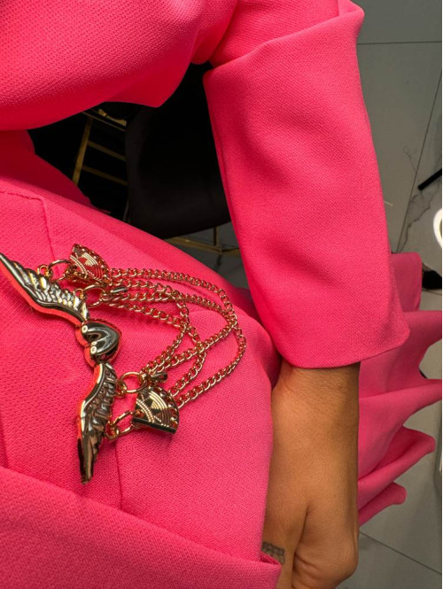 Sukienko-Kombinezon z bufkami na ramionach i plisowaniem neon róż Moskal 151 - photo #8
