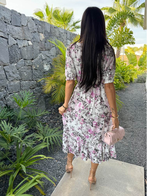 Sukienka midi na krótki rękaw w różowo-szare kwiaty Megan biała 172 - photo #6