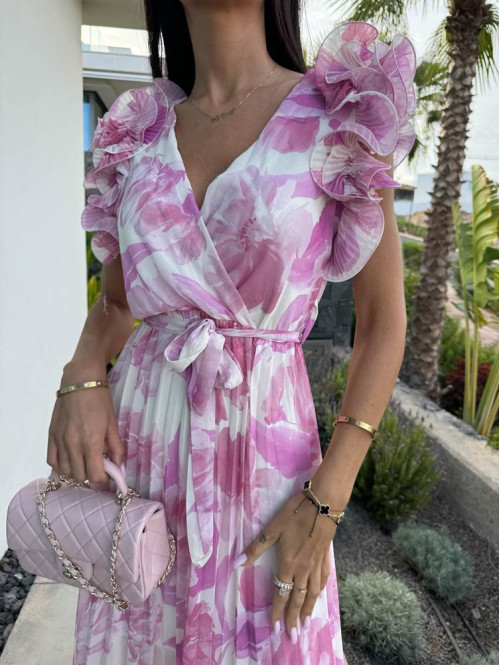 Sukienka plisowana z falbanami na rękawach Dalia różowo-kremowa 17 - photo #3
