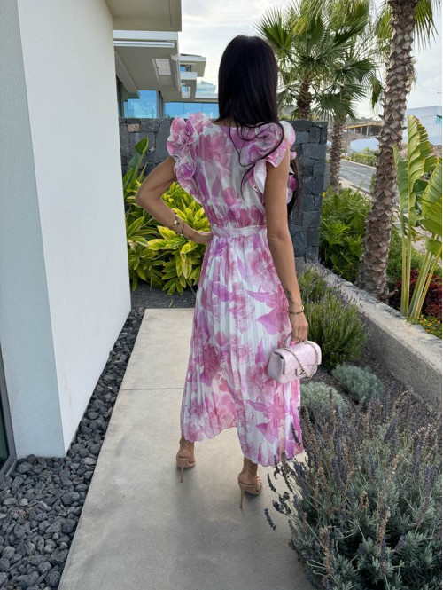 Sukienka plisowana z falbanami na rękawach Dalia różowo-kremowa 17 - photo #5