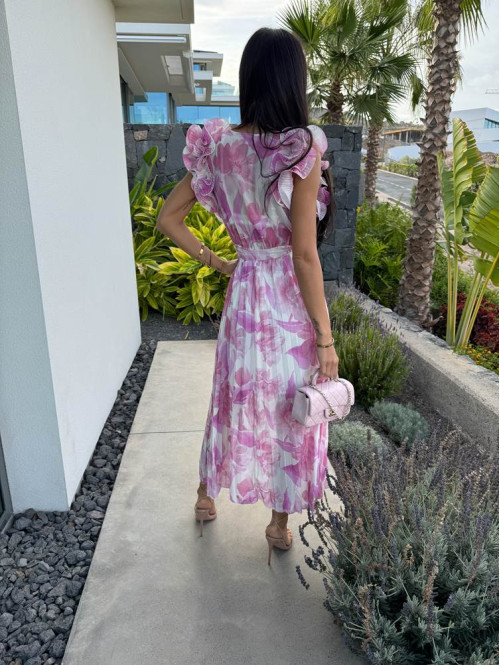 Sukienka plisowana z falbanami na rękawach Dalia różowo-kremowa 17 - photo #6